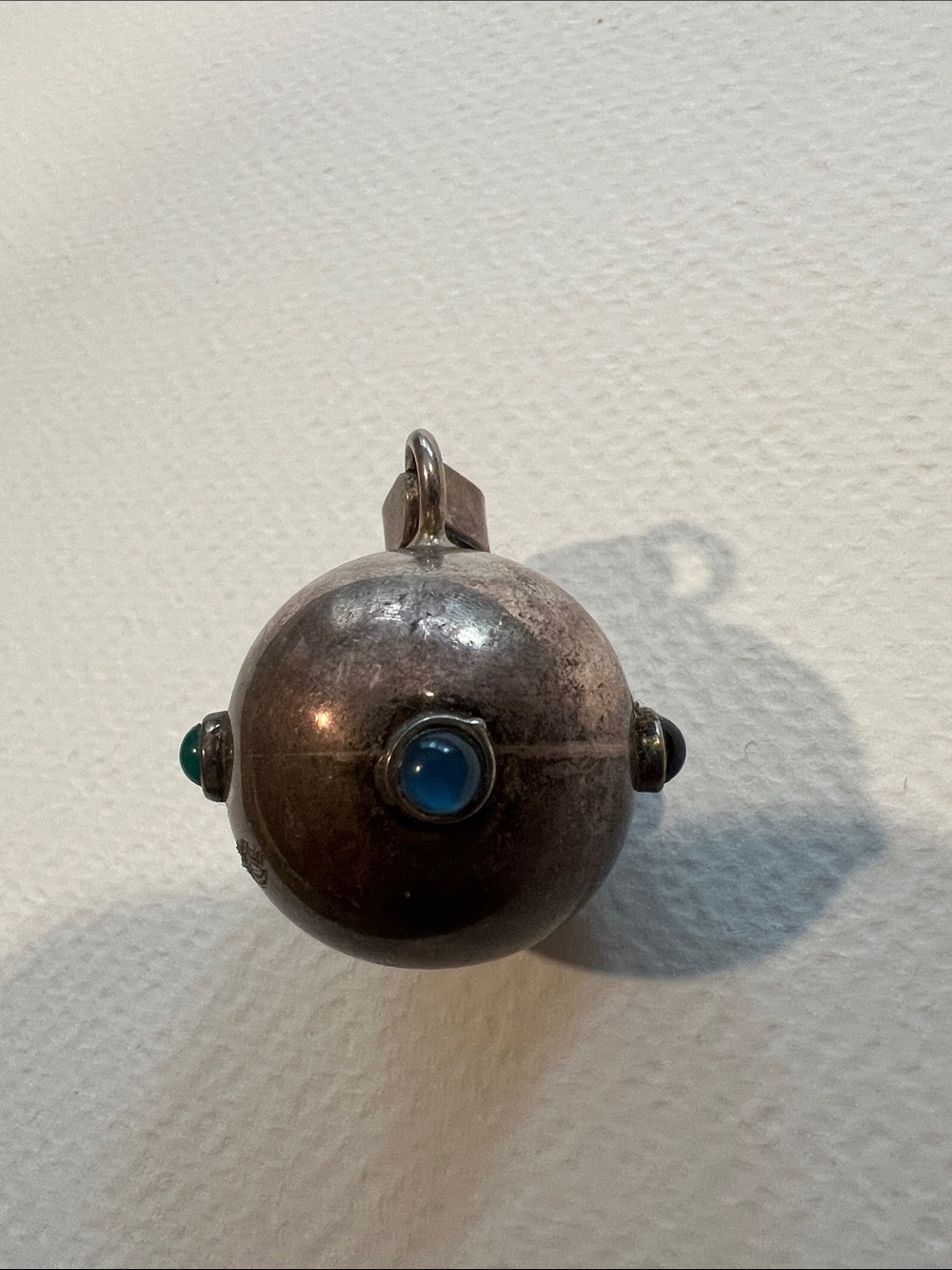 Vintage Sterling Silver Orb Bell Pendant with Black,Blue,Green and Red Cabochons
